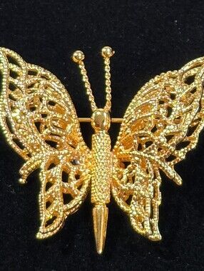 Vintage MONET Signed Filigree Butterfly Rhinestone Gold Tone Brooch Estate Pin